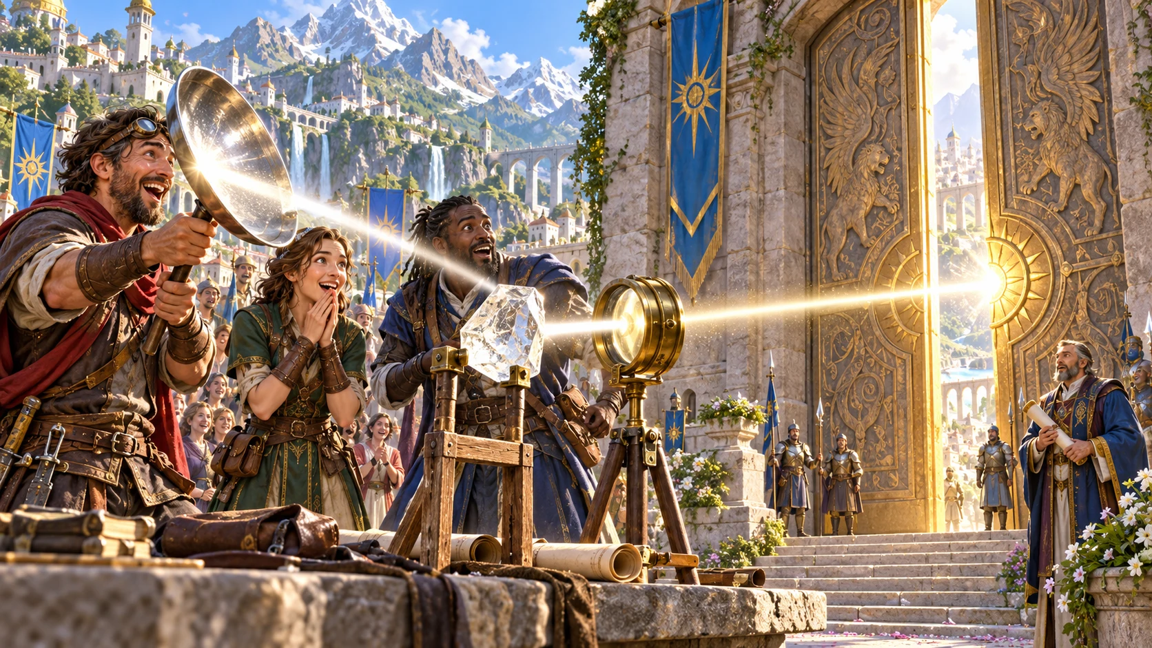 Illustrative adventurers surprised as their unlikely reflective-light plan opens a fantasy gate.