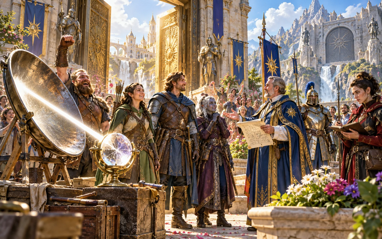 Illustrative fantasy party discussing their success, its price and what follows with witnesses.